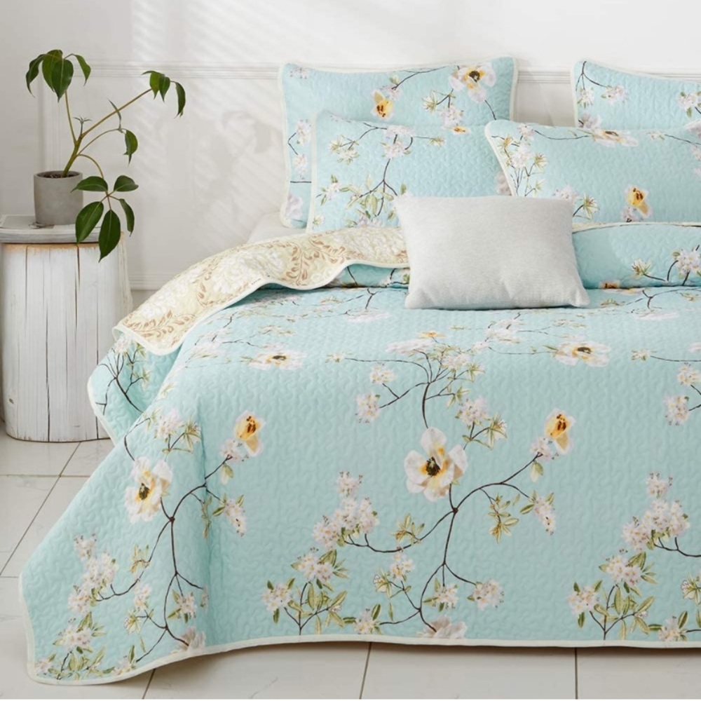 King  3 Pieces Reversible Floral Quilt Set Floral Aqua
